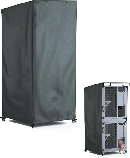 Seal Bailey outdoor cat house cover front view showcasing grey heavy duty waterproof fabric over a tall feral cattery