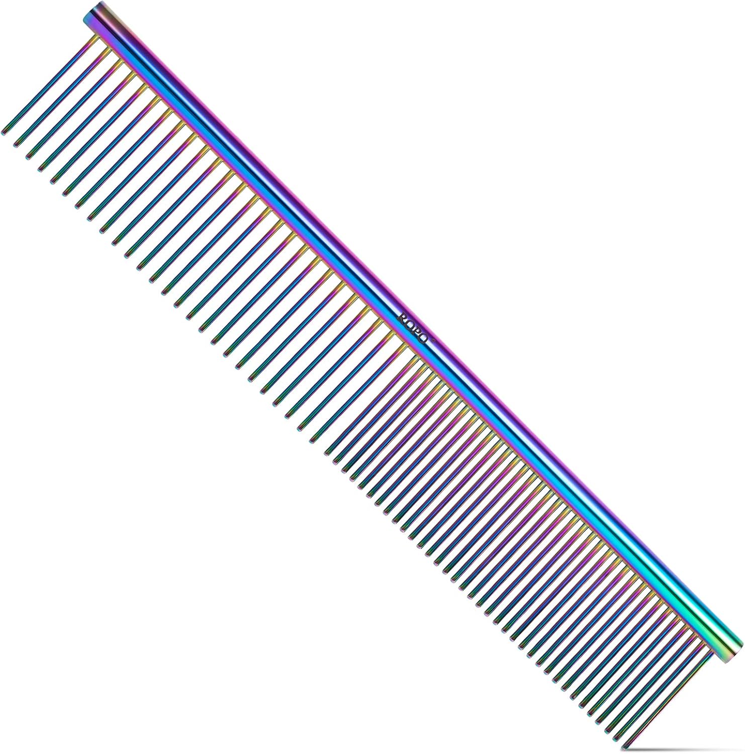 ROPO dog comb for removing matted fur showing front view of the rainbow stainless steel teeth