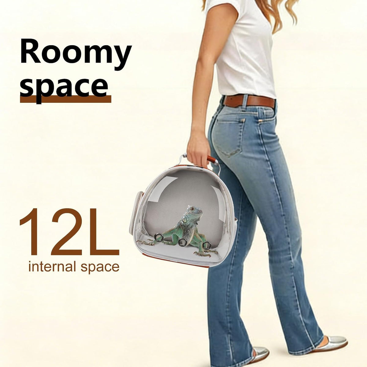 Bearded Dragon Carrier Backpack with Two Security Printing Harness with Leash Sets, Reptile Lizard Travel Bag to Carry and Transport Small Animal Kitten Bunny Guinea Pig to Vet(Brown, PU Leather) - Image 6