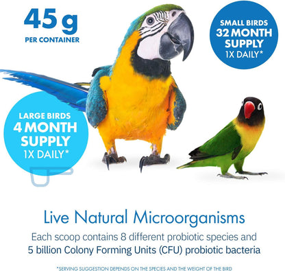 Equa Holistics parrot supplement packaging displaying the five billion colony forming units potency