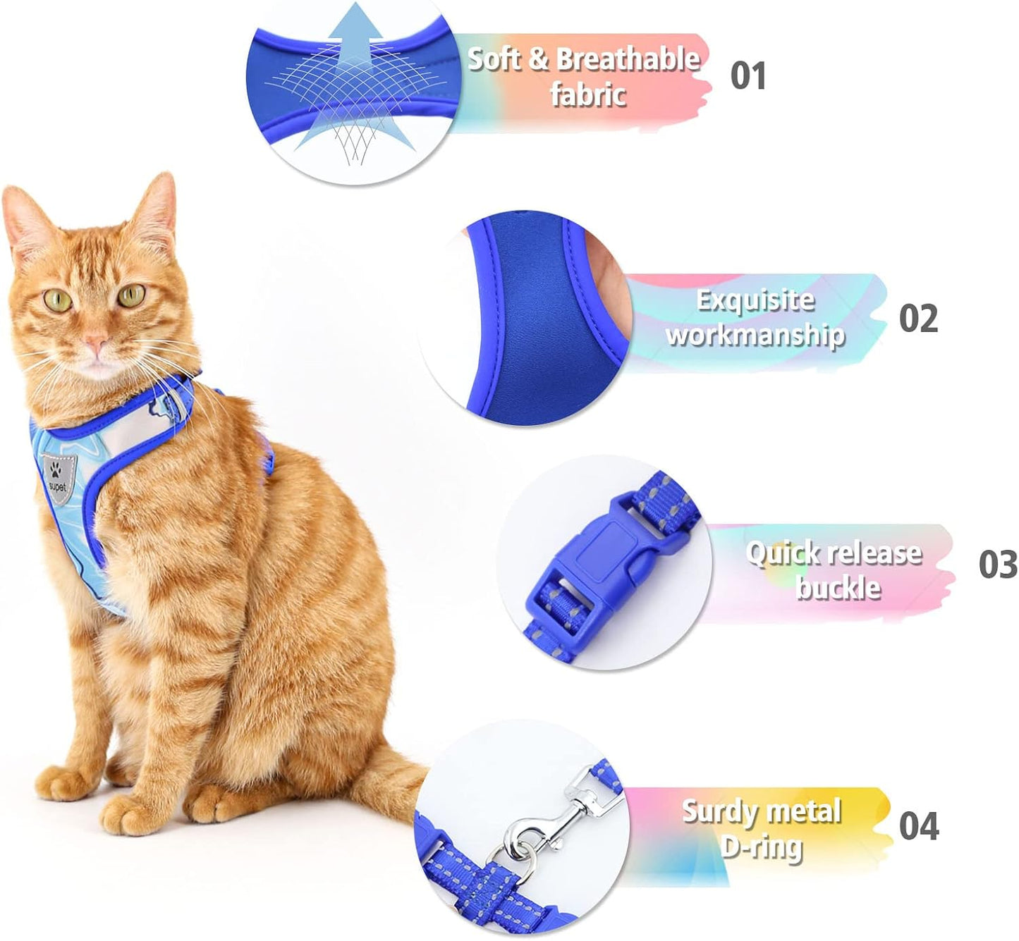Breathable mesh cat walking harness with reflective trim detail for visibility