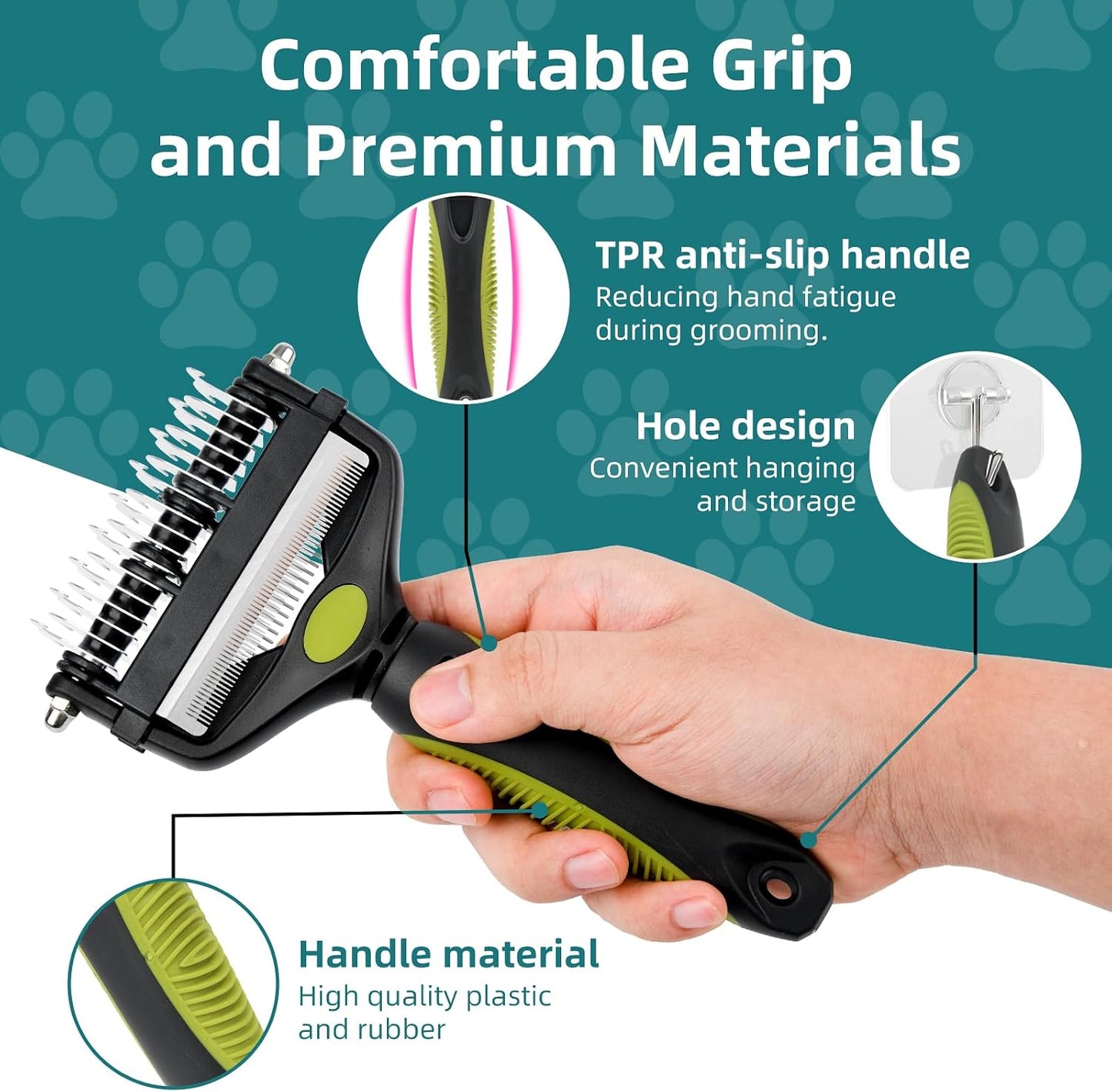 Ergonomic anti-slip rubber handle of Pinkielink pet grooming tool