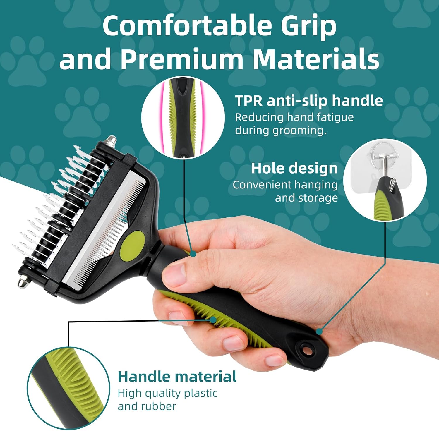 Ergonomic anti-slip rubber handle of Pinkielink pet grooming tool