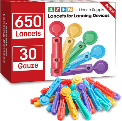 AZEN 650 count diabetes testing lancets box front view showing product specifications.