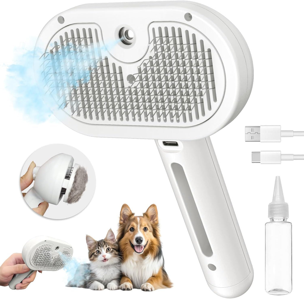 Pecait cat steam brush in white showing front view with mist spray active.