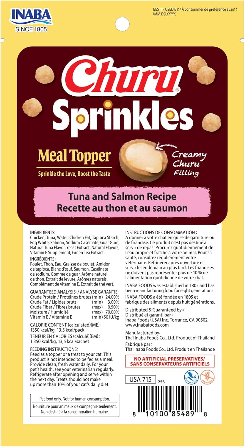 Nutritional information on the back of Inaba Churu Sprinkles package