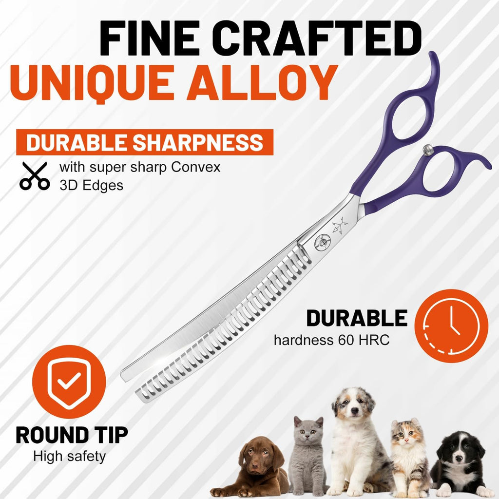 Fengliren stainless steel dog blending scissors laid flat next to grooming accessories for scale reference.