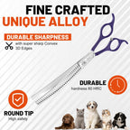 Fengliren stainless steel dog blending scissors laid flat next to grooming accessories for scale reference.