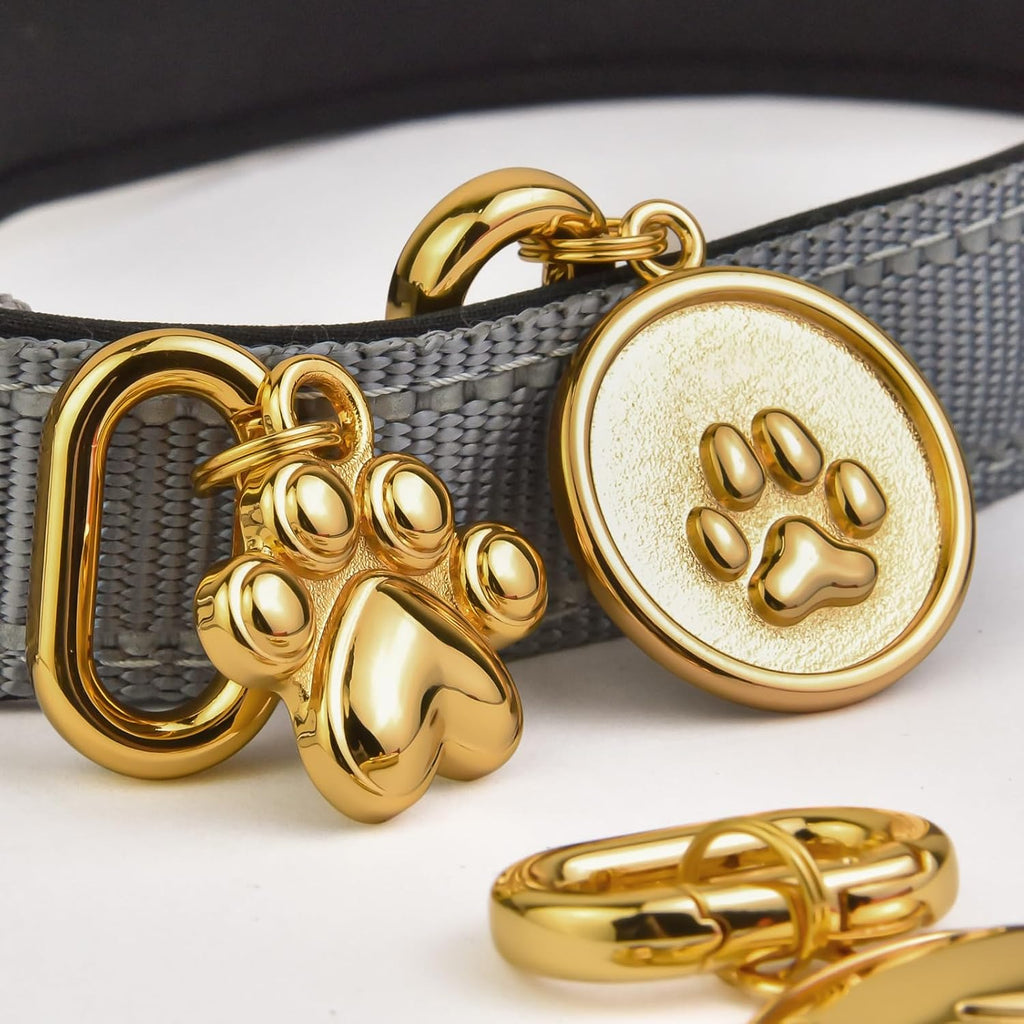 Customized stainless steel dog name tag with deep laser engraved contact details.