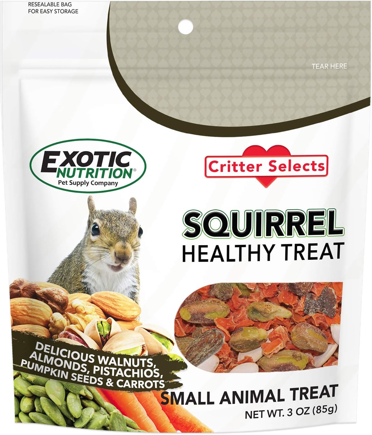 Exotic Nutrition Squirrel Healthy Treat front packaging view showcasing natural ingredients.