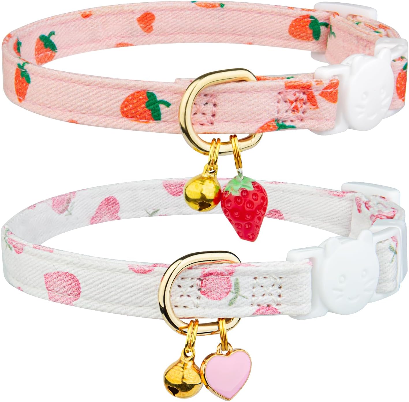 FYEQYAOU Cotton Breakaway Cat Collar front view showcasing pink strawberry and white heart pendants