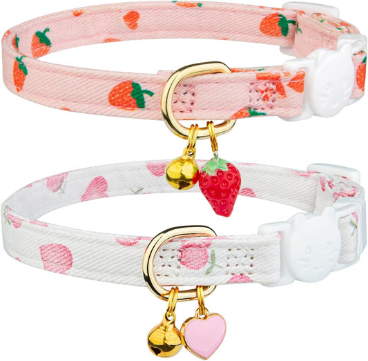 FYEQYAOU Cotton Breakaway Cat Collar front view showcasing pink strawberry and white heart pendants