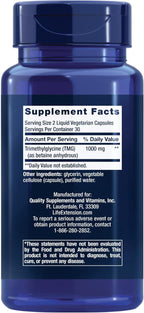 Life Extension Trimethylglycine supplement facts label and dietary ingredients panel