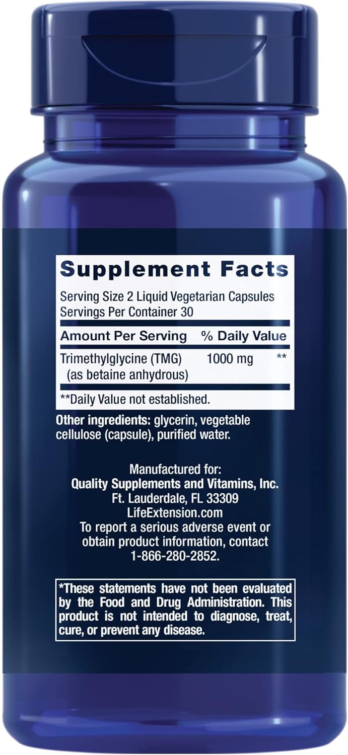 Life Extension Trimethylglycine supplement facts label and dietary ingredients panel