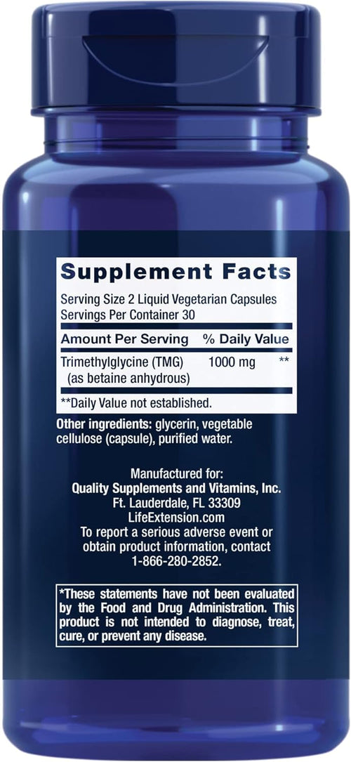 Life Extension Trimethylglycine supplement facts label and dietary ingredients panel