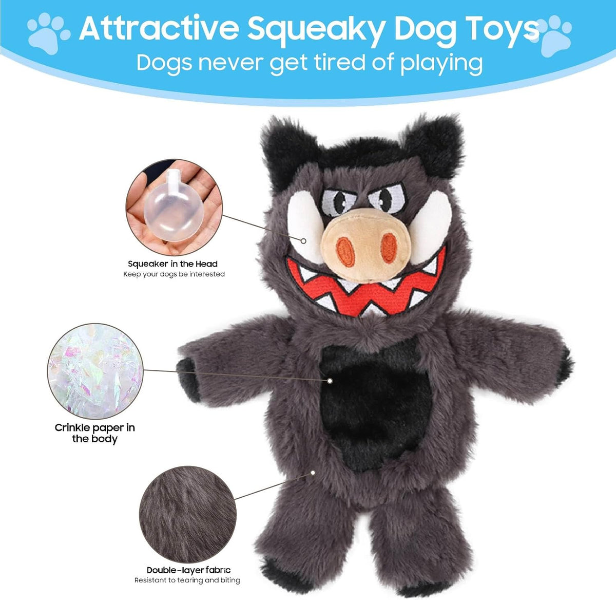 Durable animal plush chew toys for dog boredom relief.