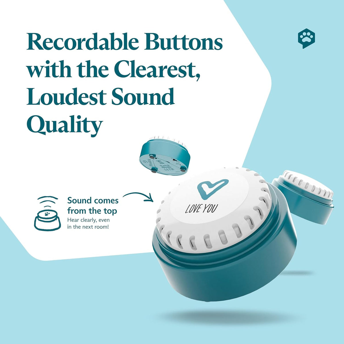 Upward facing speaker detail on an authentic FluentPet communication button for clear audio.