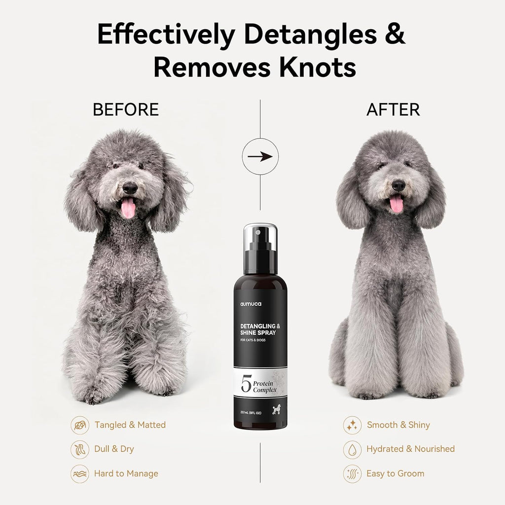 Aumuca leave in pet conditioner spray highlighting the five protein complex formula.