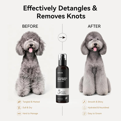 Aumuca leave in pet conditioner spray highlighting the five protein complex formula.