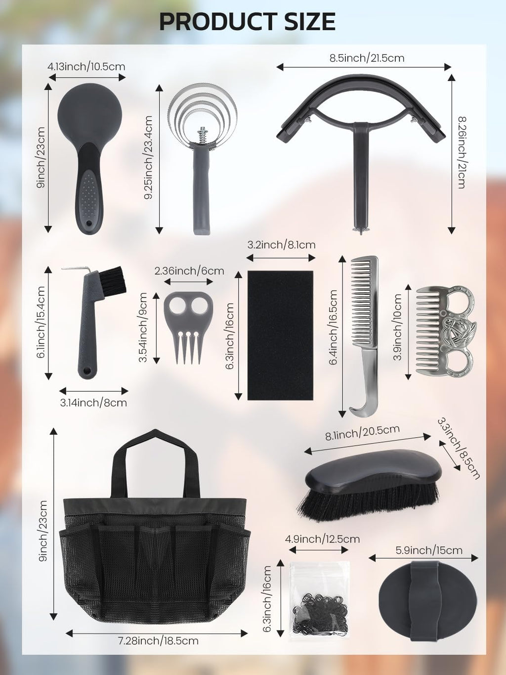 Inoreal sweat scraper and massage brushes laid out for professional horse grooming