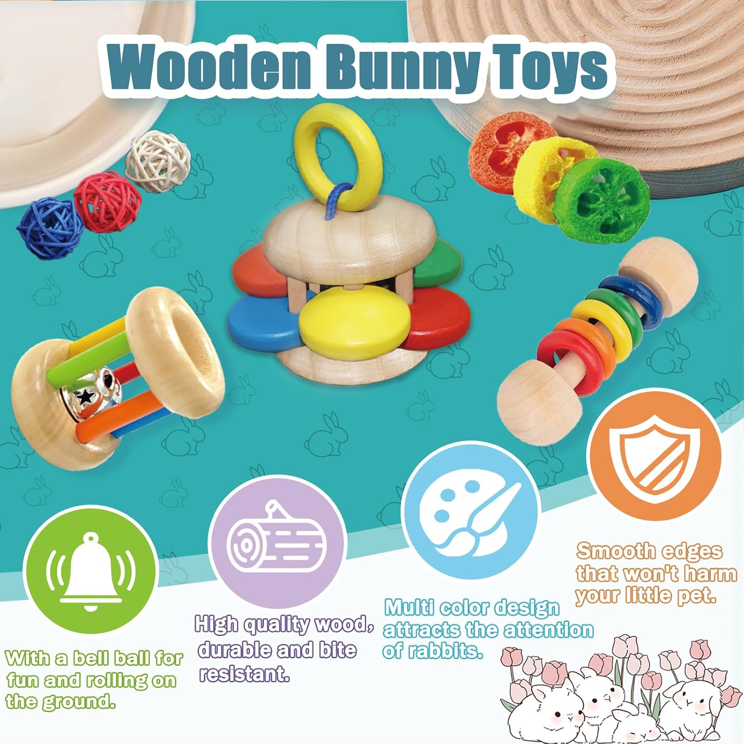 Multi-colored solid wood small animal toys with built-in bells for hamsters