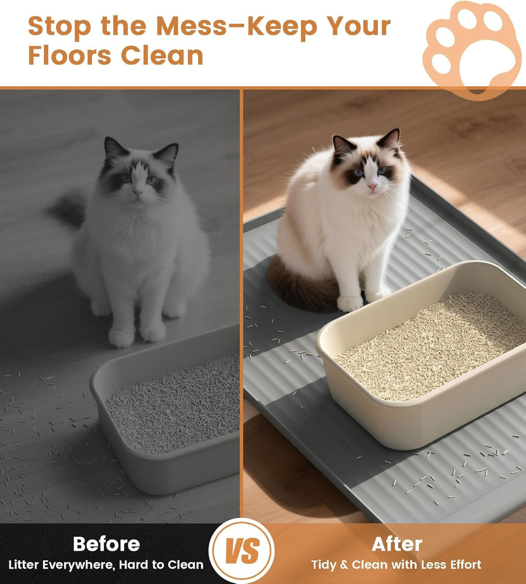 Silicone non-slip kitty litter catcher mat protecting hardwood floors.