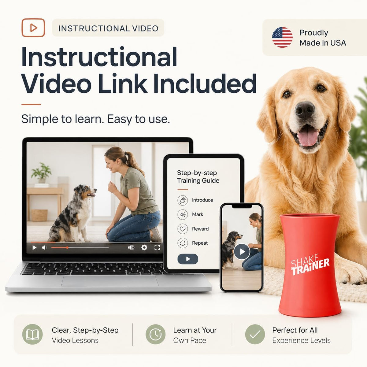 Dog trainer using Onkey ShakeTrainer with a Golden Retriever