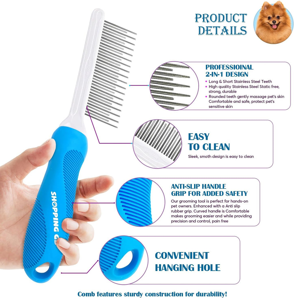 Shopping GD pet comb showing dual length stainless steel teeth for dematting
