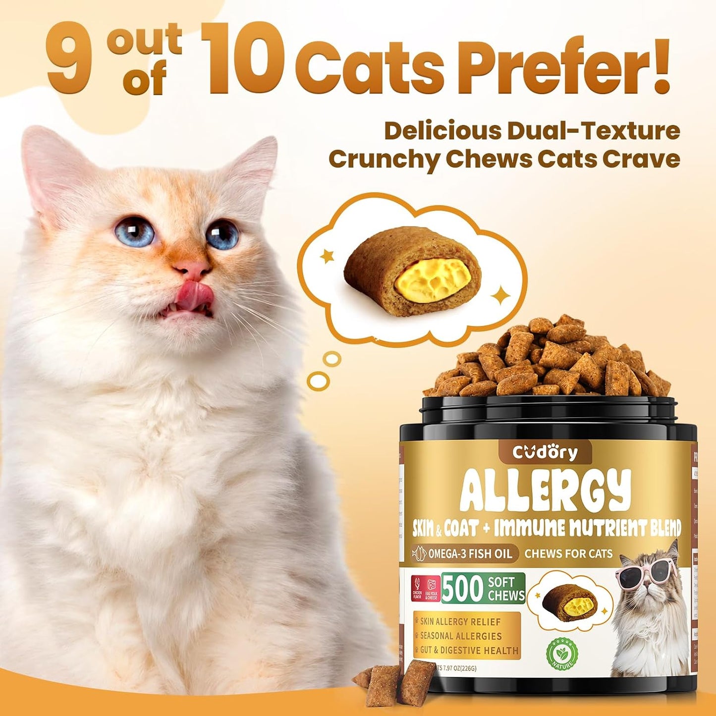 Cudory soft cat chew for immune and skin health showing crunchy and creamy dual texture.