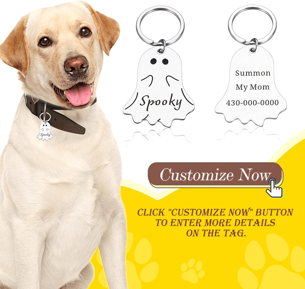 Custom ghost shaped metal dog tag in polished silver finish with collar ring