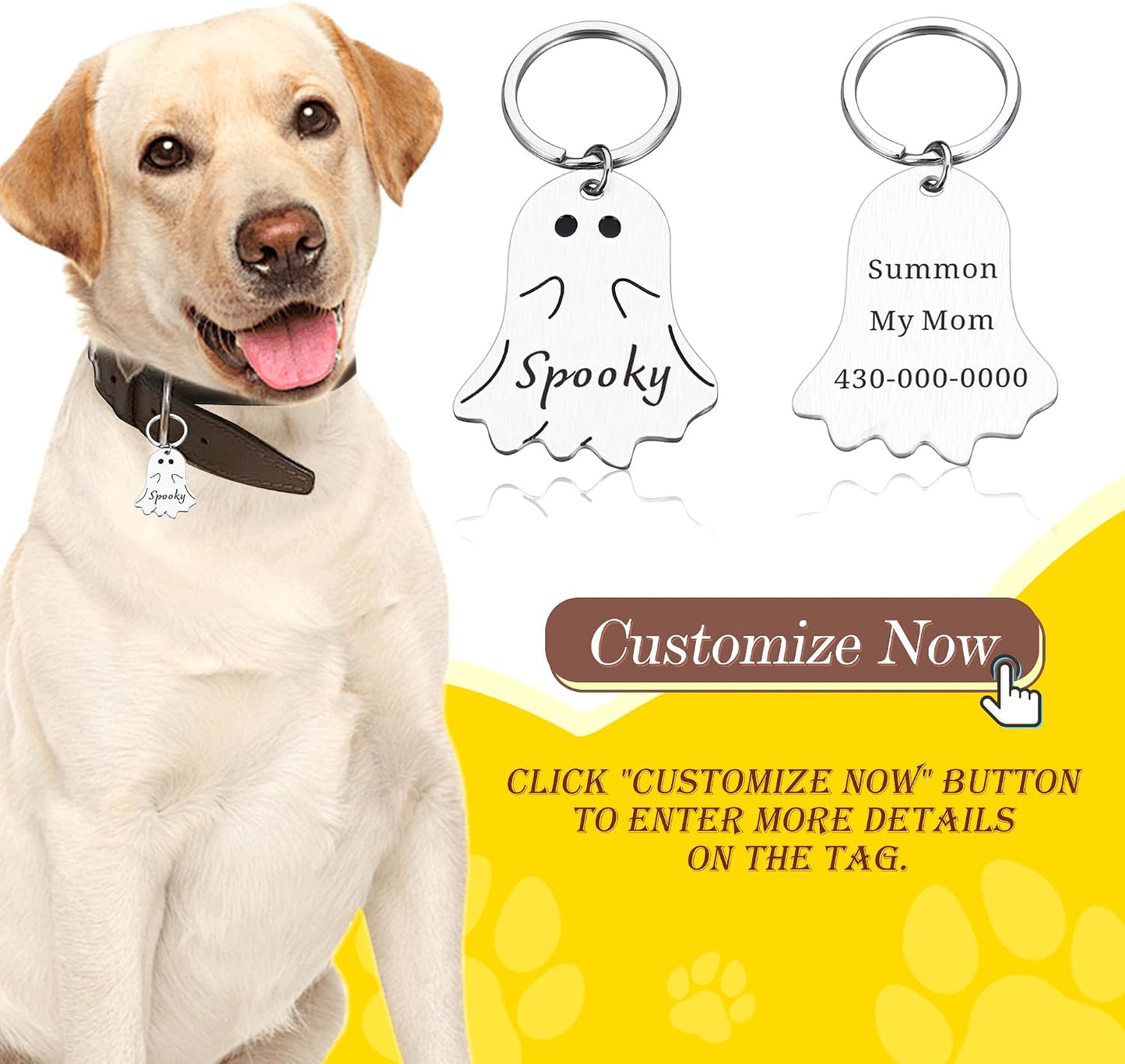 Custom ghost shaped metal dog tag in polished silver finish with collar ring