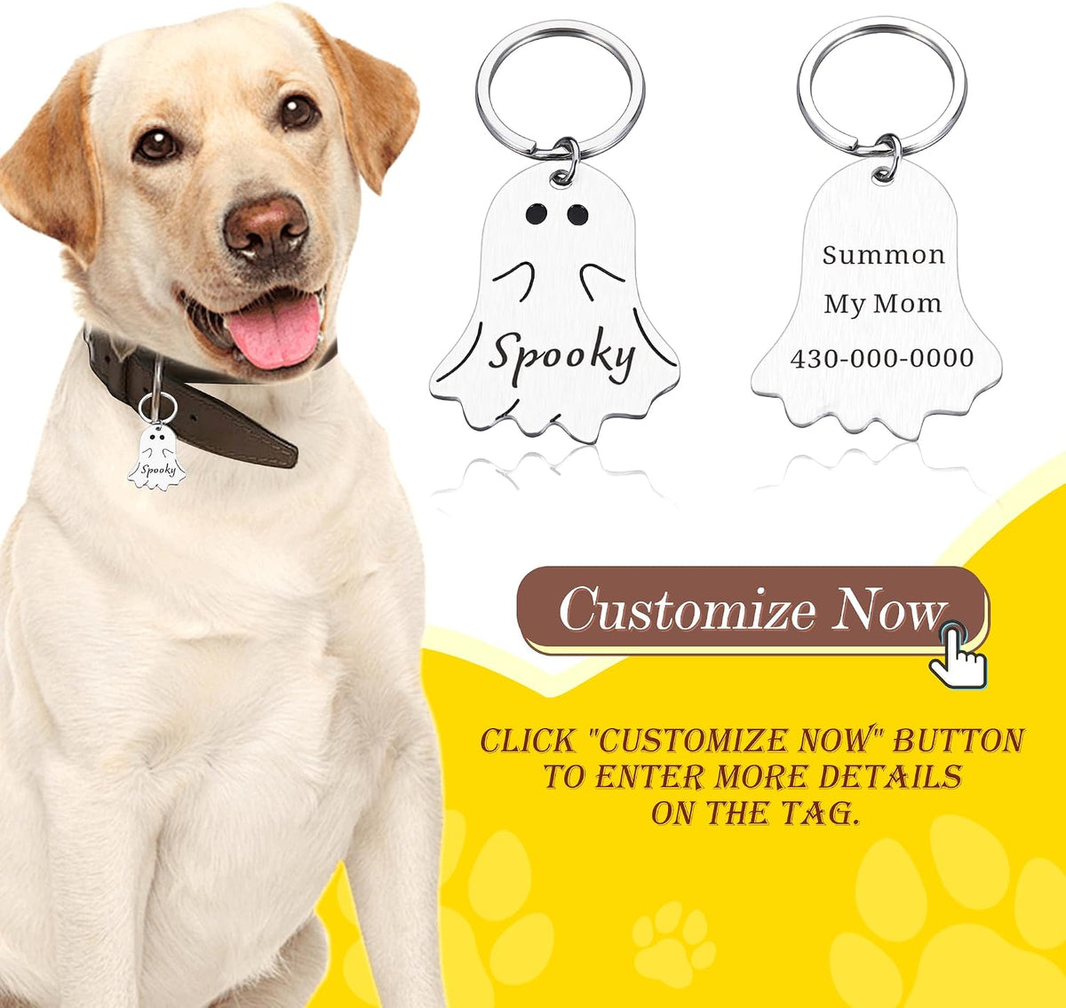 Custom ghost shaped metal dog tag in polished silver finish with collar ring