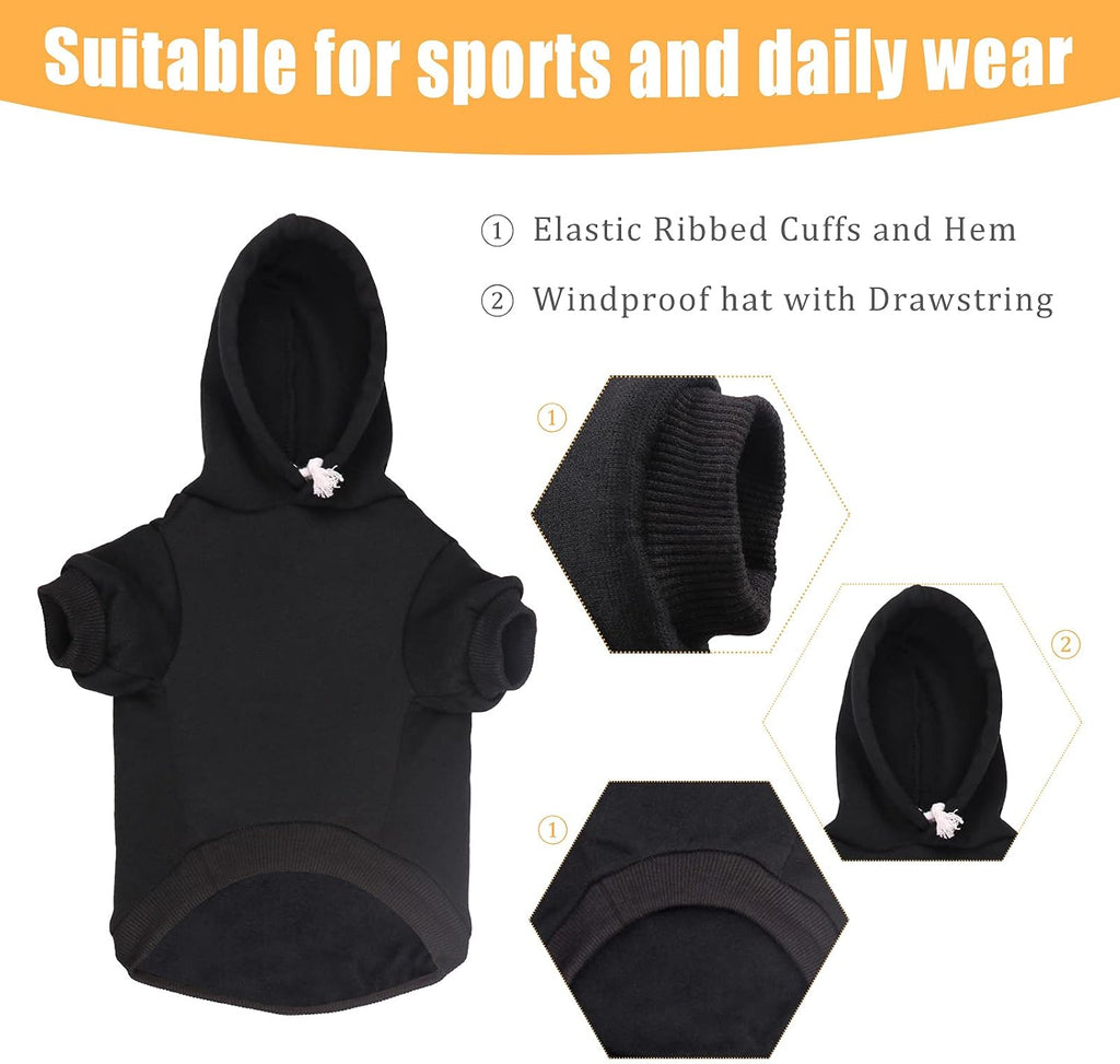 Large breed dog wearing a black security hoodie sweatshirt outdoors.