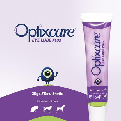 OptixCare sterile veterinary eye gel standing tube illustrating the precision dropper tip for pets.