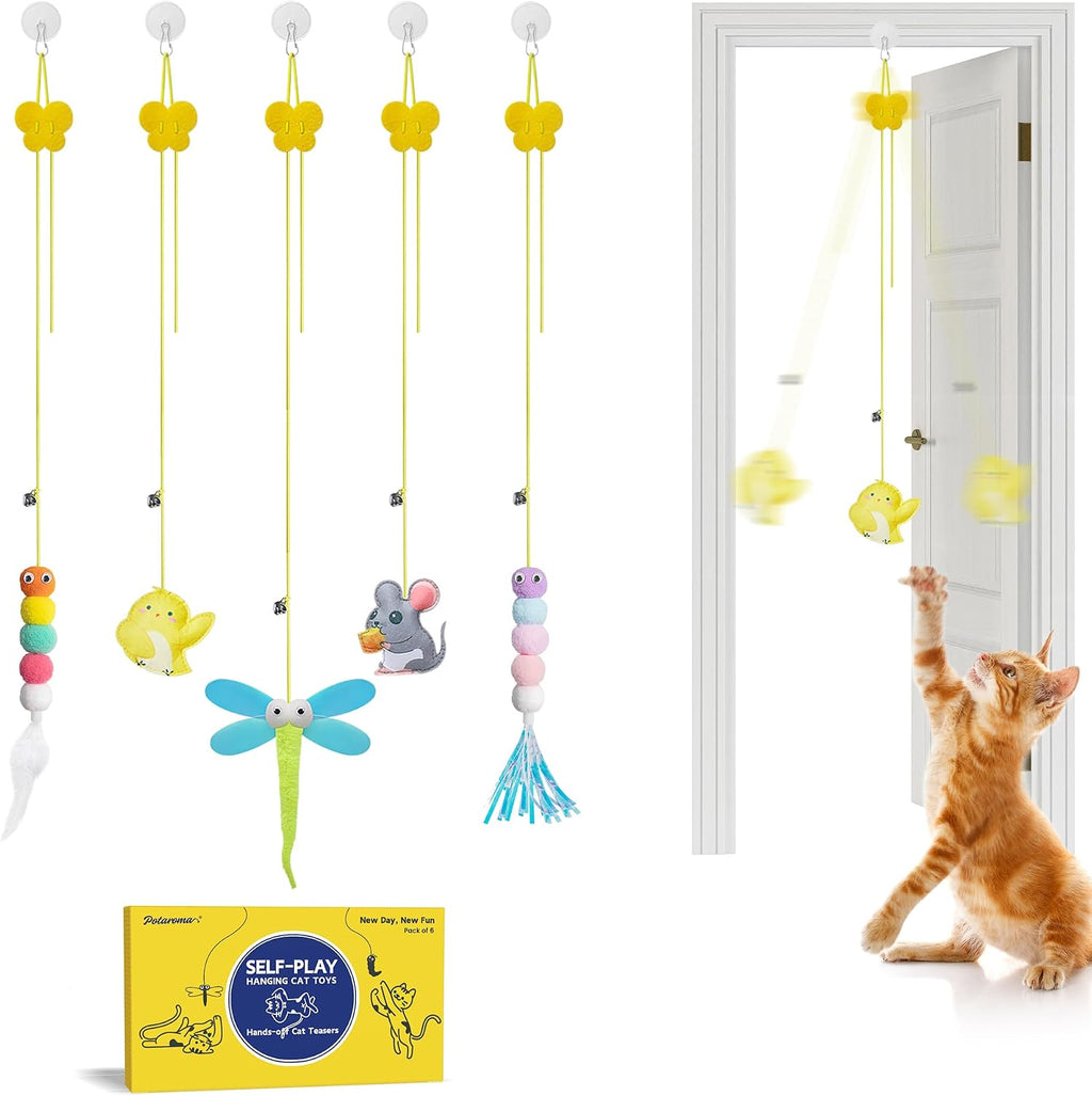 Potaroma Interactive Cat Feather Toys 5 Piece Set front view of hanging door teaser cords for indoor kittens.