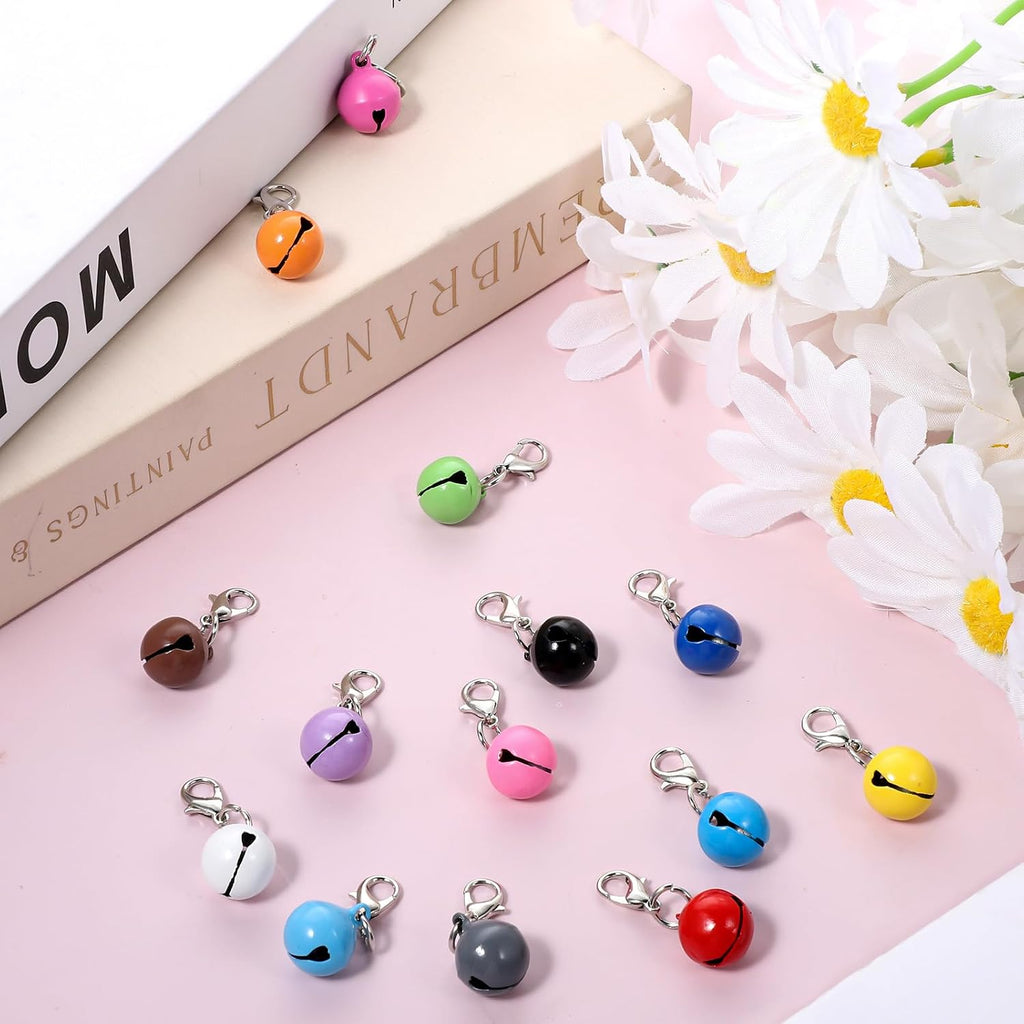 Packaging layout of the fourteen piece pet tracking bells with individual clasps for pet collars