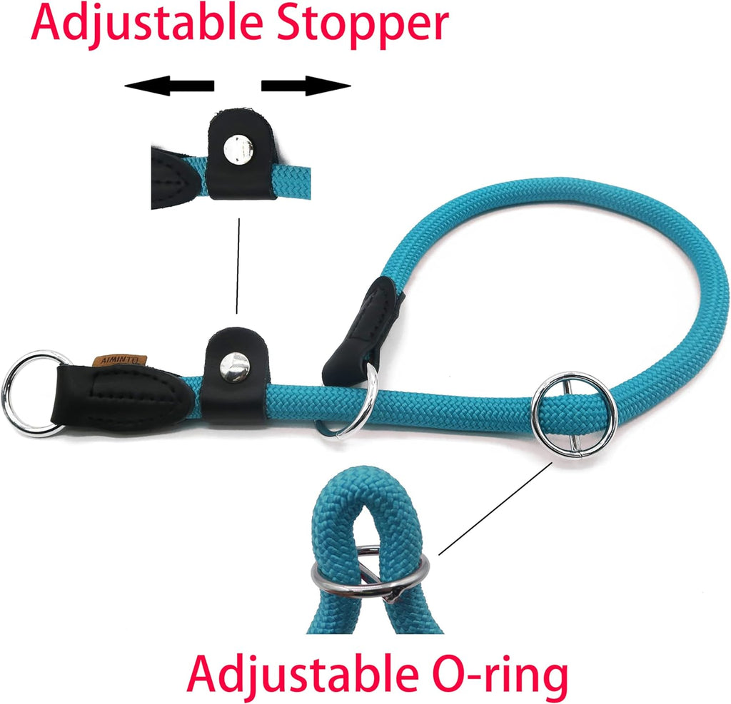 Adjustable stopper and slidable O-ring detail on Aiminto dog collar.
