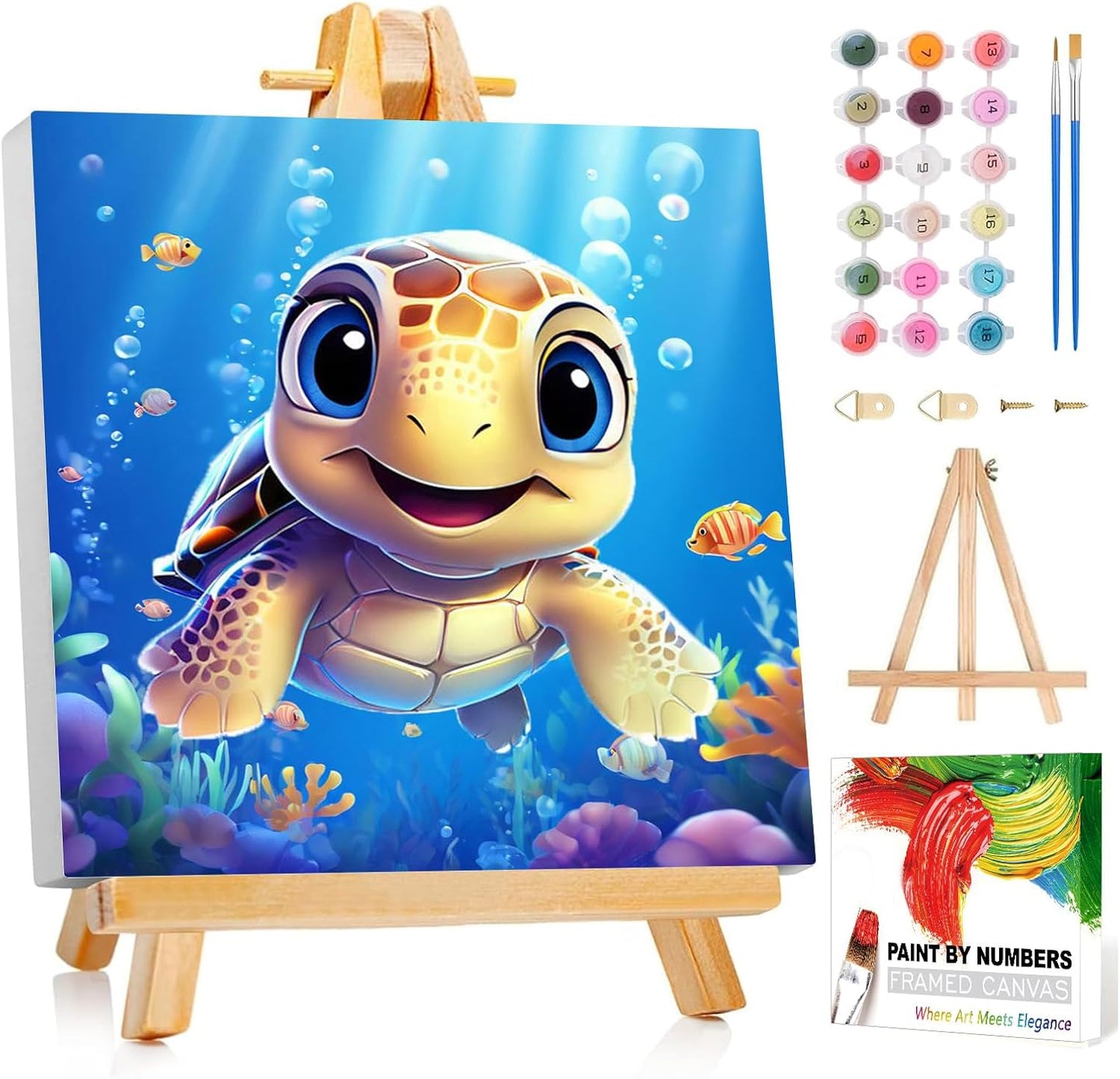 Reivworl Paint by Numbers Kit for Kids front view showing sea turtles canvas and easel