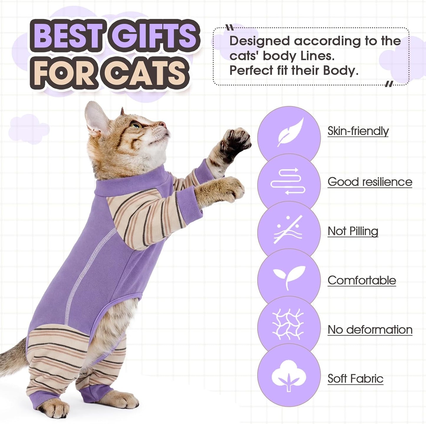 Hairless cat wearing purple striped Adnikia onesie