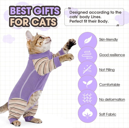 Hairless cat wearing purple striped Adnikia onesie