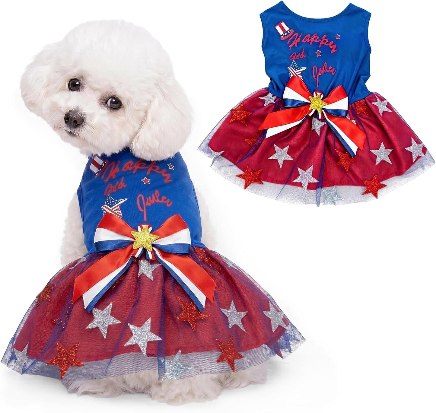 Hying 4th of July pet clothes front view showcasing patriotic stars and stripes design.