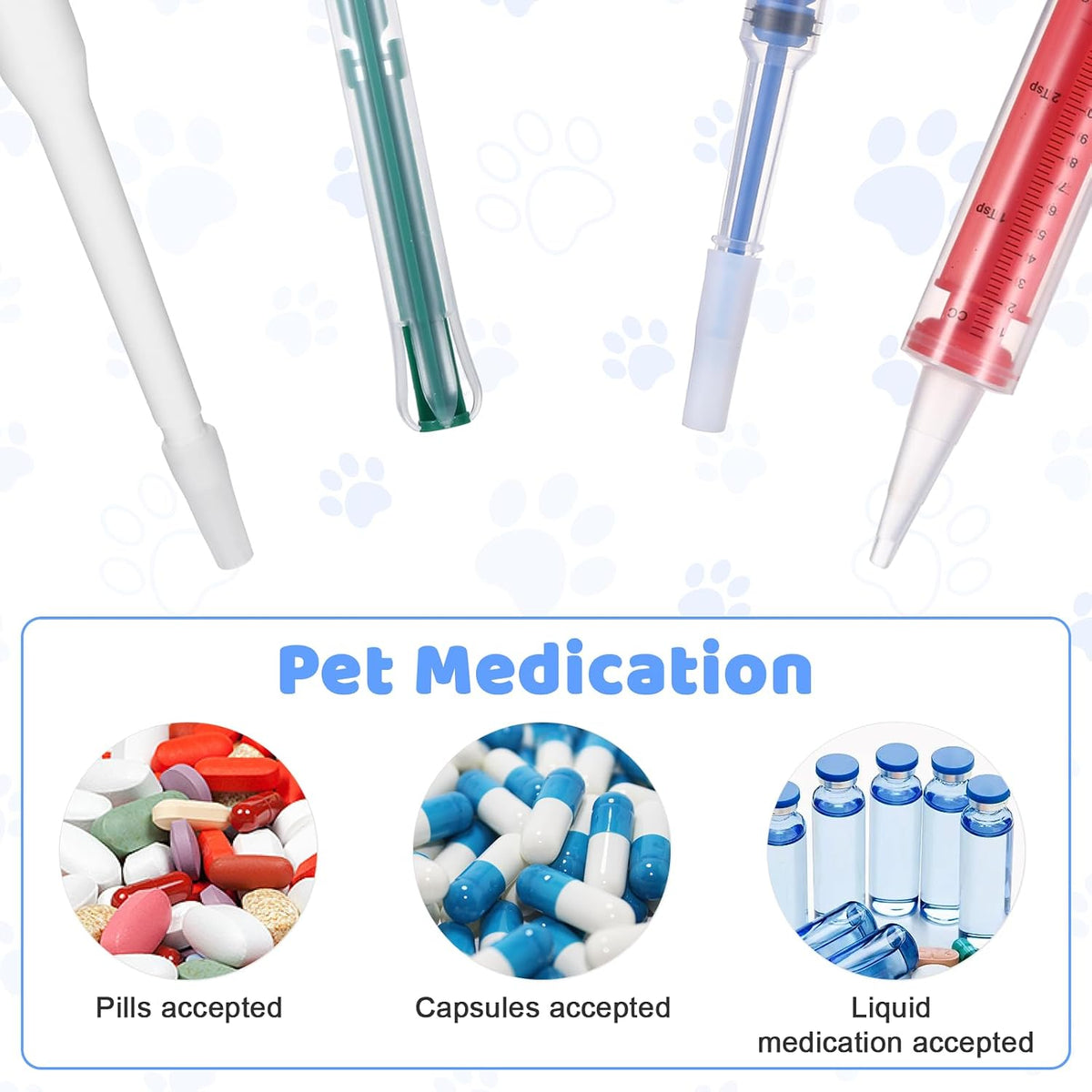 Close up view of the non invasive blue and green pet piller guns with soft silicone tips.