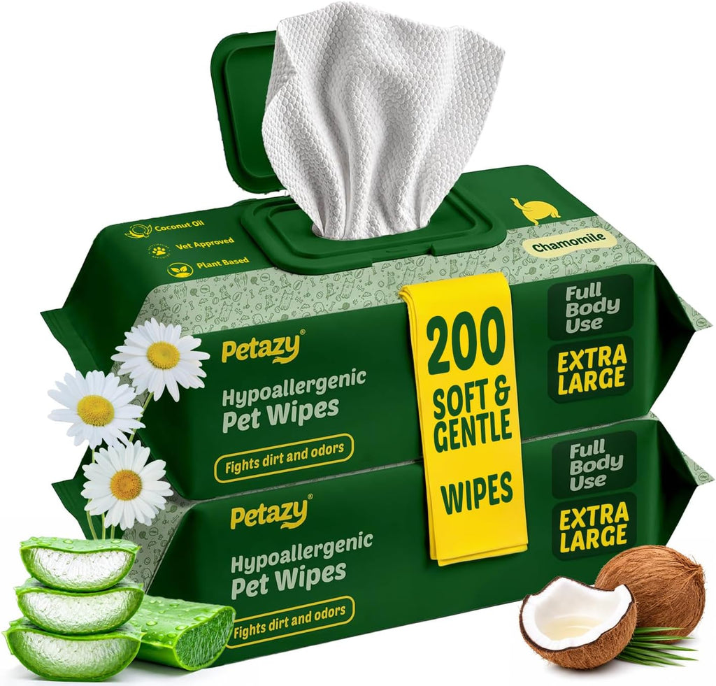 Petazy Pet Wipes for Dogs and Cats - 400 Count (8x8in) Hypoallergenic, Deodorizing Dog Wipes for Paws, Ears and Butt | XL with Aloe & Coconut Oil, Lavender Scented | Includes 4 Grooming Glove Wipes - Image 10