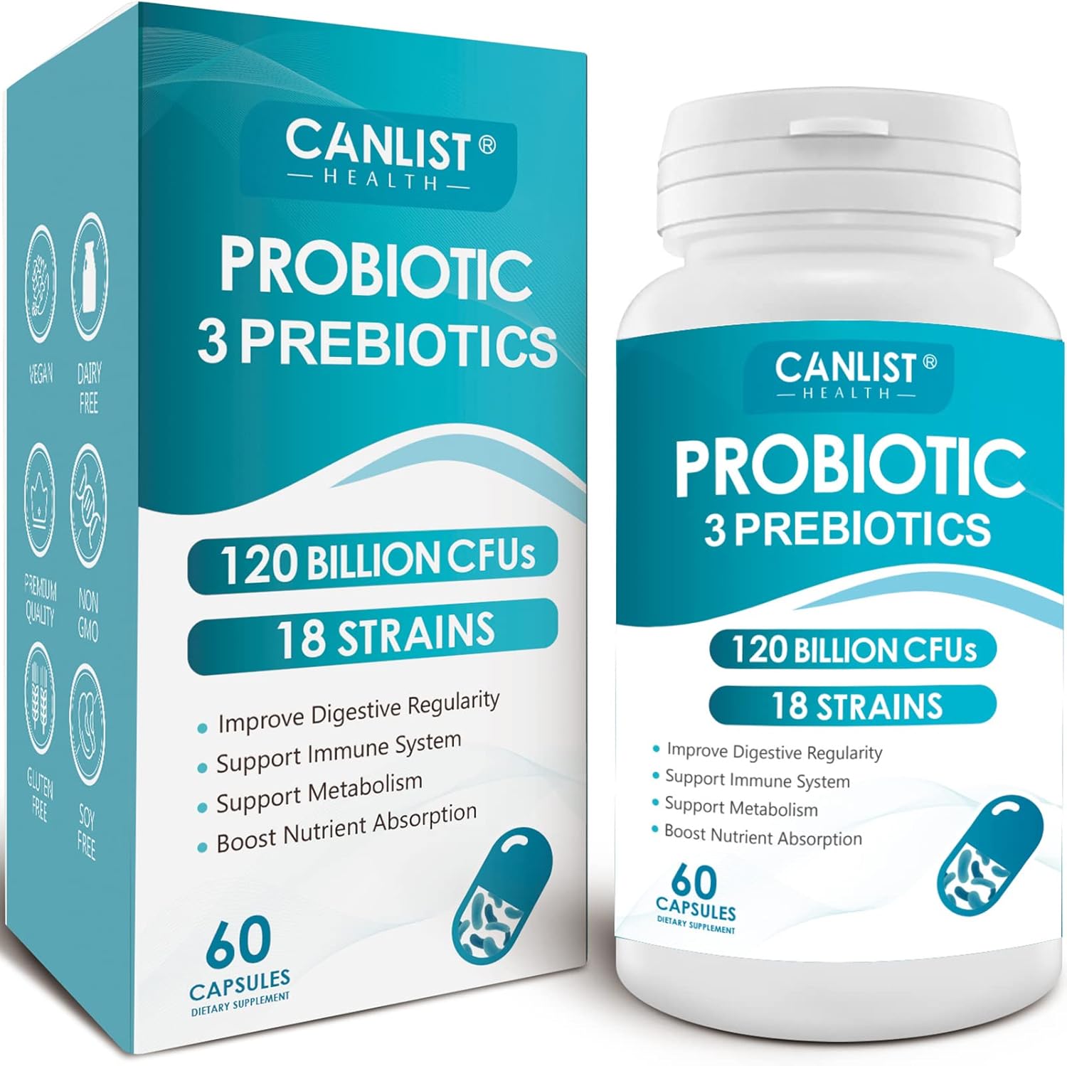 CANLIST Probiotics 120 Billion Colony Forming Units front view bottle showing 60 vegetarian capsules