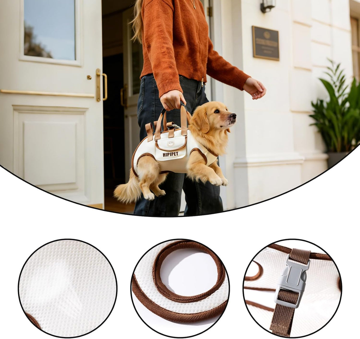 Pet owner using hands-free dog sling carrier during a walk