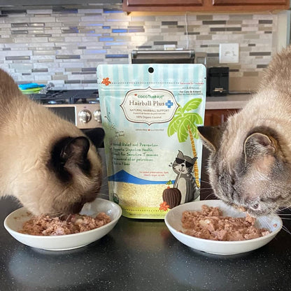 USA imported CocoTherapy cat and kitten hairball prevention fiber supplement bag display.