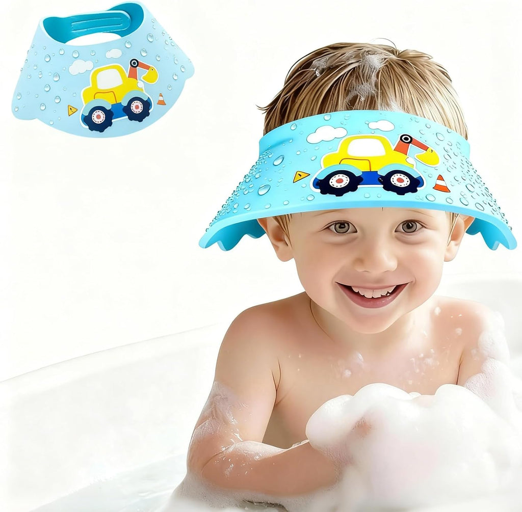 Thcbme baby shower cap shield in blue with yellow excavator front view for eye protection