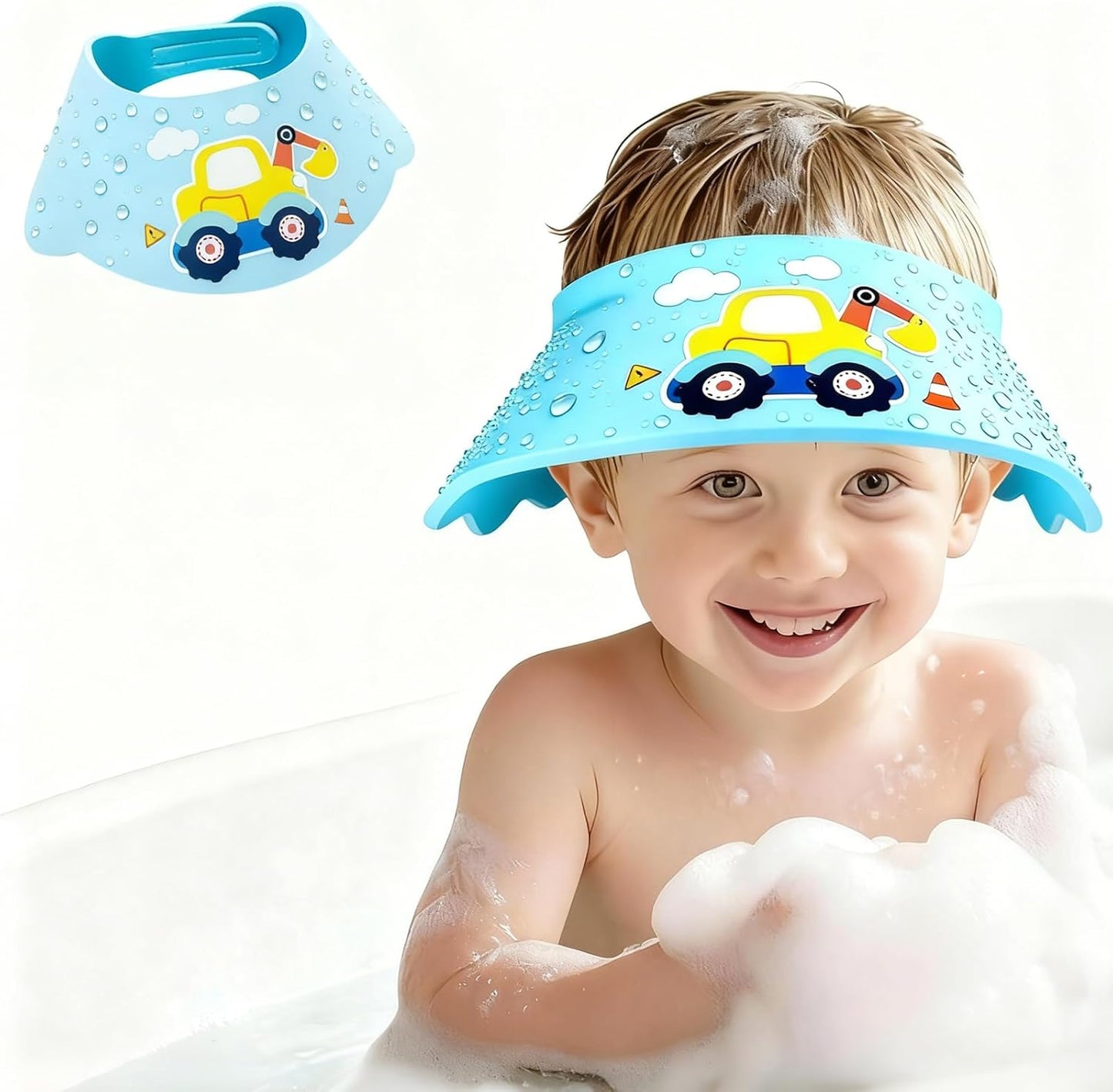 Thcbme baby shower cap shield in blue with yellow excavator front view for eye protection