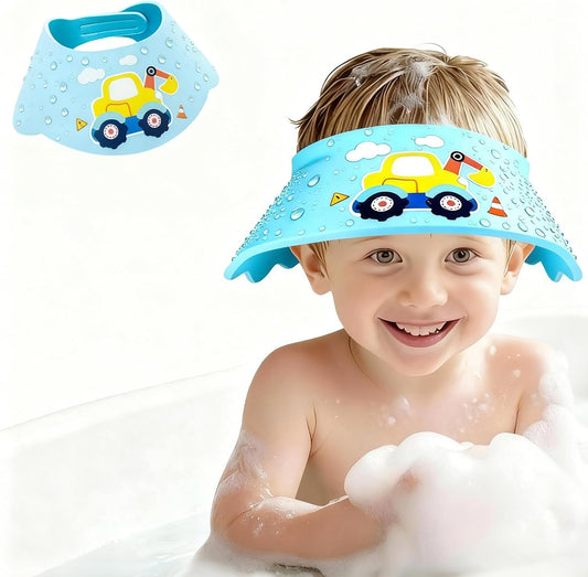 Thcbme baby shower cap shield in blue with yellow excavator front view for eye protection