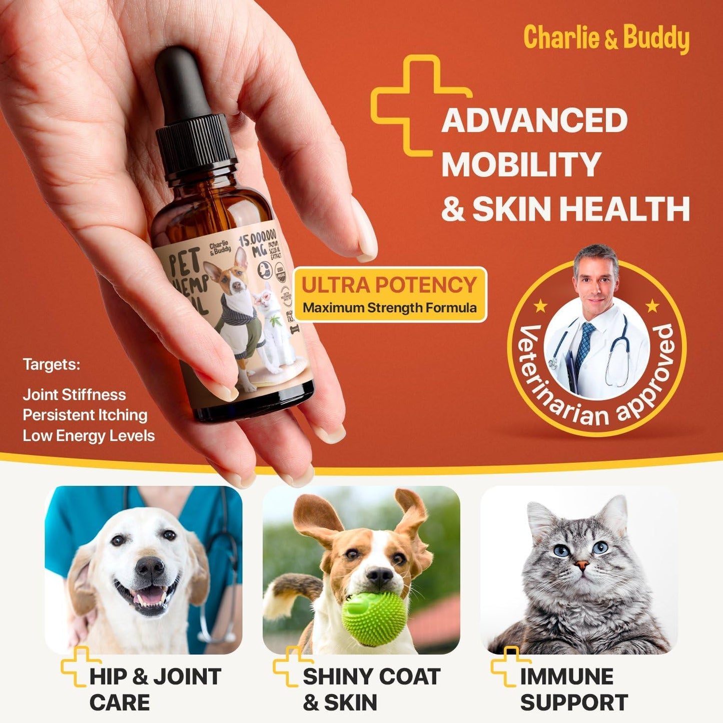 Liquid hemp supplement bottle with dropper for cat and dog anxiety and stress relief